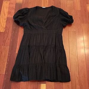 Black Babydoll Mini Textured Boho Zara V Neck Puffed Sleeve Dress XXL